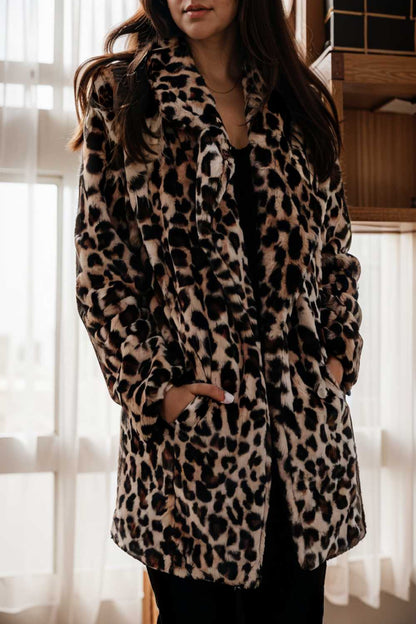lapel leopard print faux fur long sleeve midi coat 109930