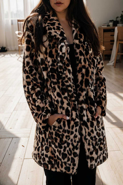 lapel leopard print faux fur long sleeve midi coat 122827