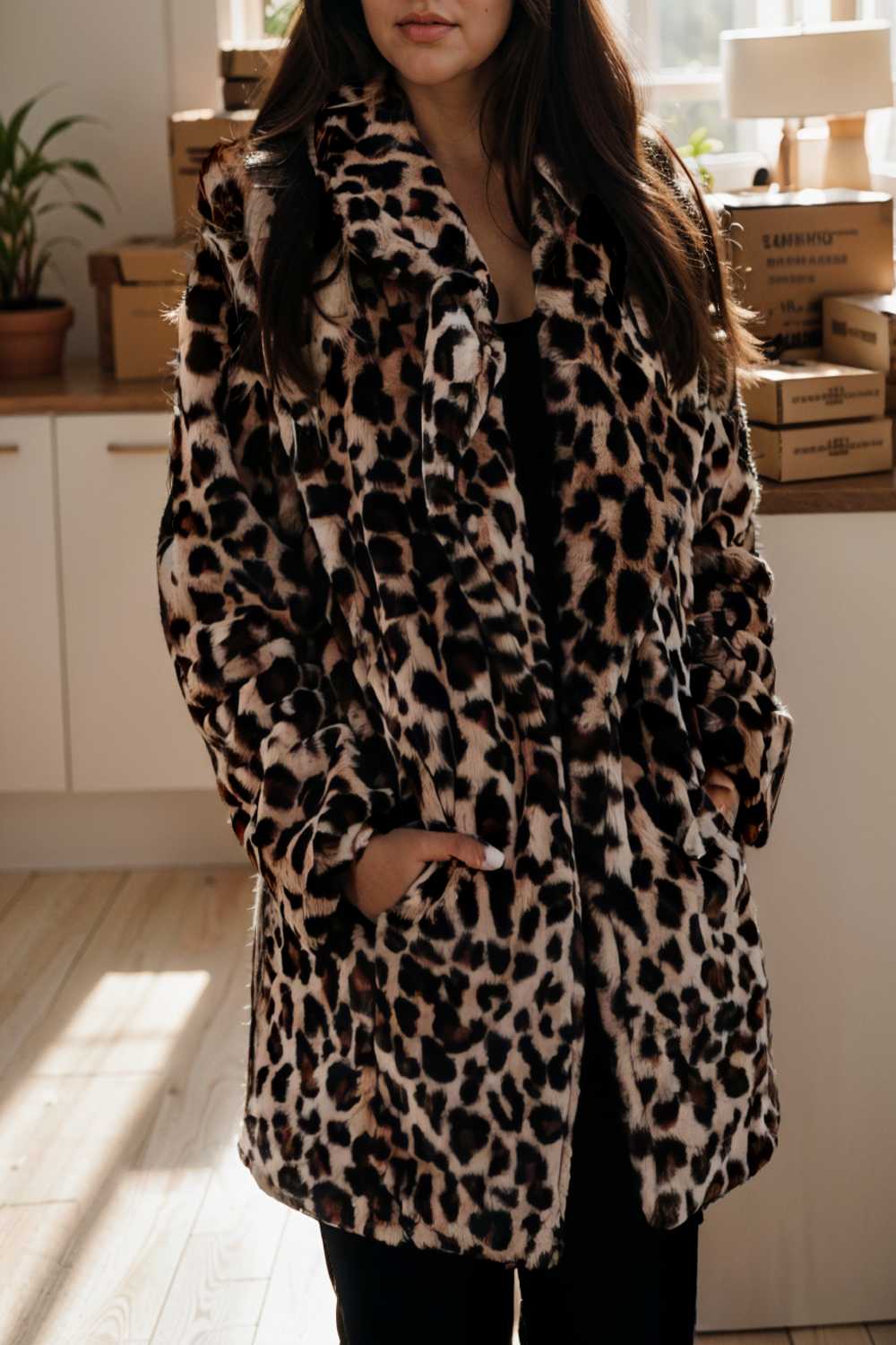 lapel leopard print faux fur long sleeve midi coat 109929