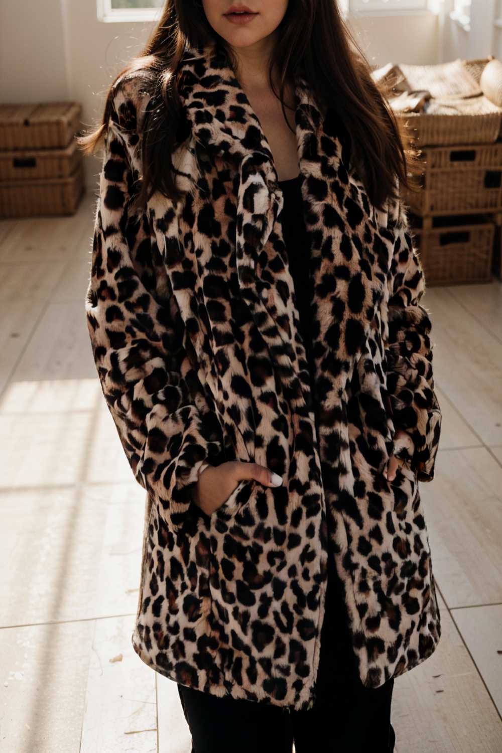 lapel leopard print faux fur long sleeve midi coat 122826