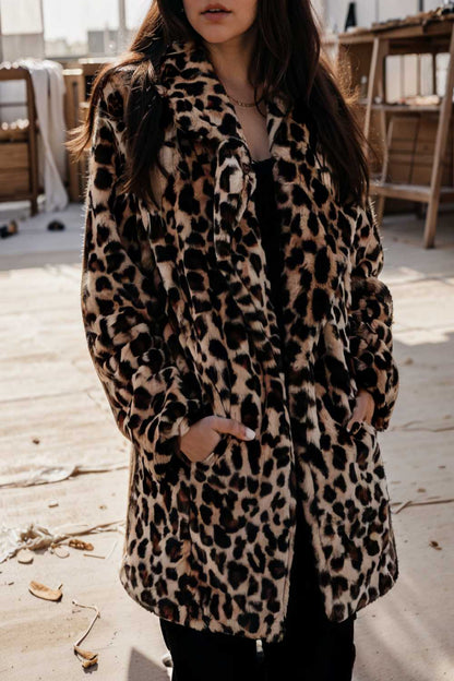 lapel leopard print faux fur long sleeve midi coat 109623