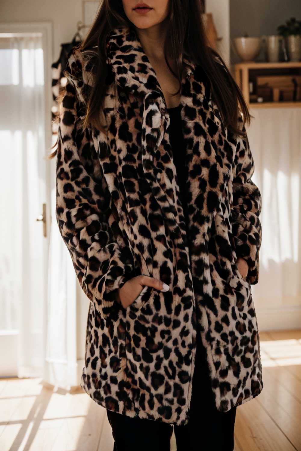 lapel leopard print faux fur long sleeve midi coat 122824