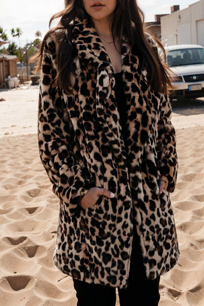 lapel leopard print faux fur long sleeve midi coat 109622