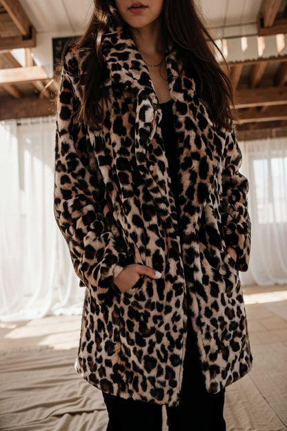 lapel leopard print faux fur long sleeve midi coat 109621
