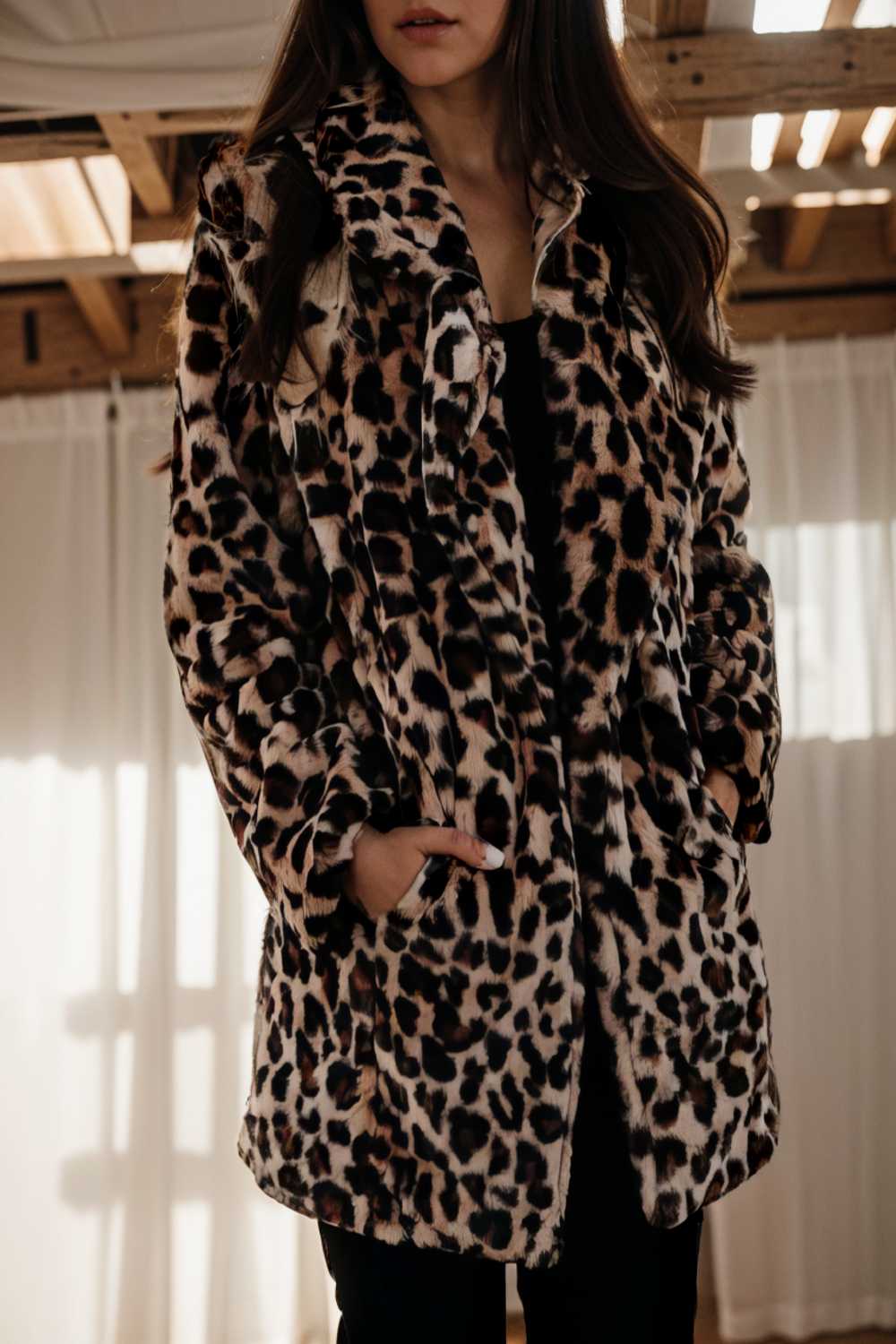 lapel leopard print faux fur long sleeve midi coat 122823