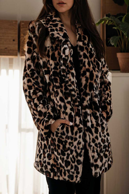 lapel leopard print faux fur long sleeve midi coat 109620