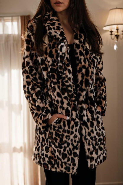 lapel leopard print faux fur long sleeve midi coat 122822