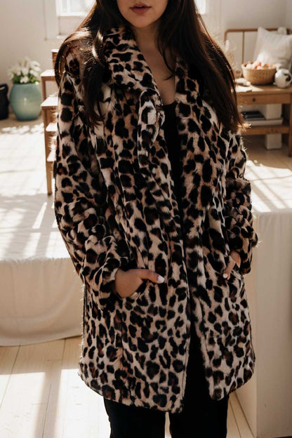 lapel leopard print faux fur long sleeve midi coat 122820