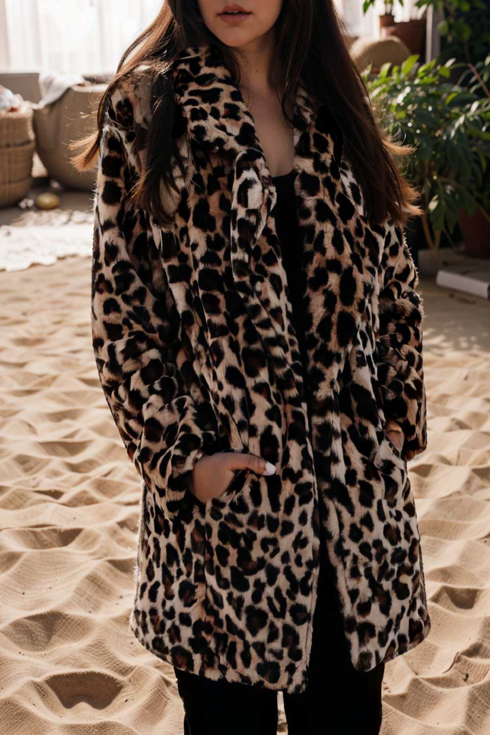 lapel leopard print faux fur long sleeve midi coat 122819