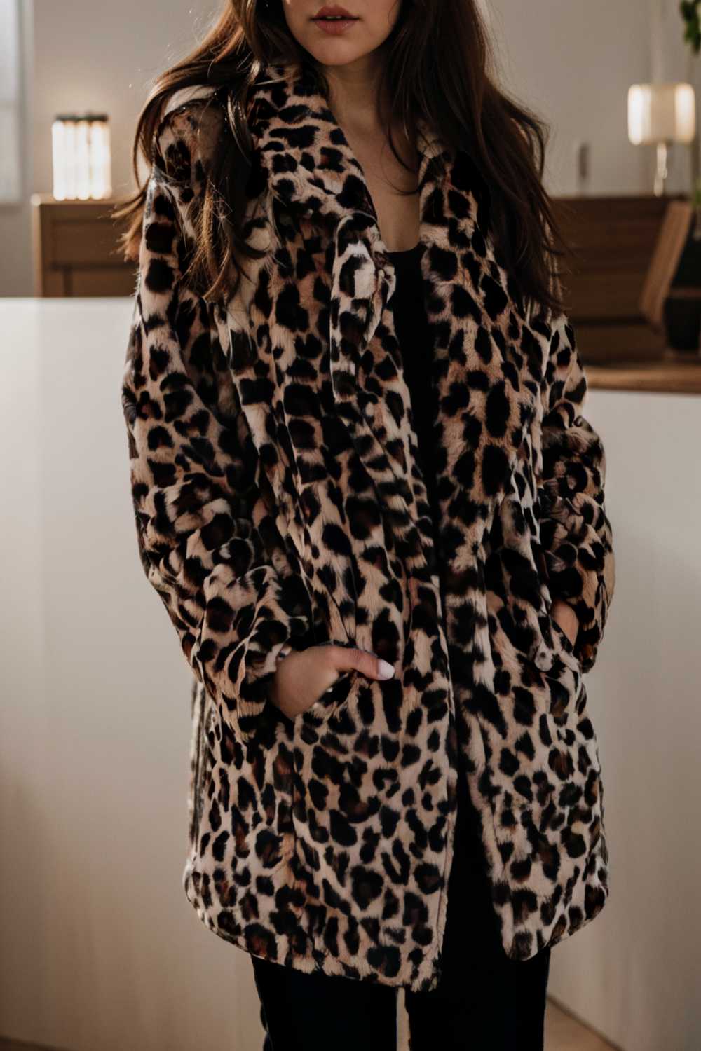 lapel leopard print faux fur long sleeve midi coat 122818