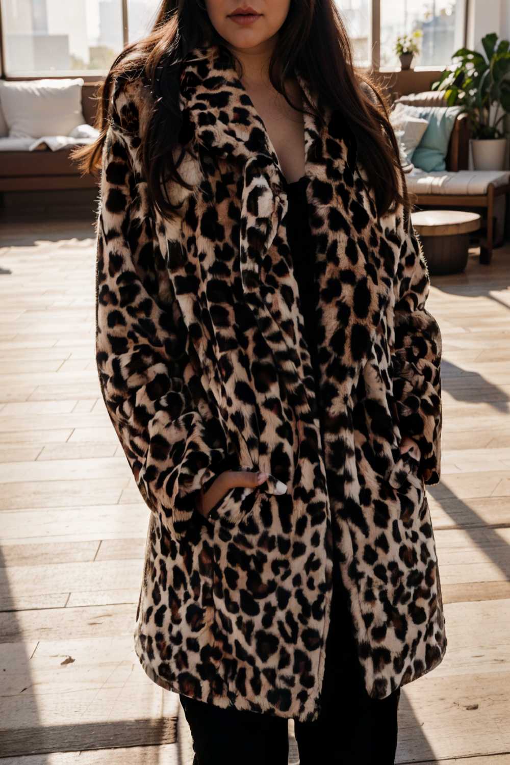 lapel leopard print faux fur long sleeve midi coat 122817