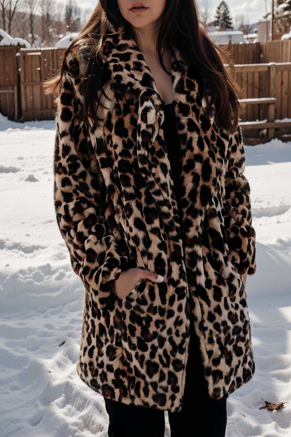 lapel leopard print faux fur long sleeve midi coat 122816