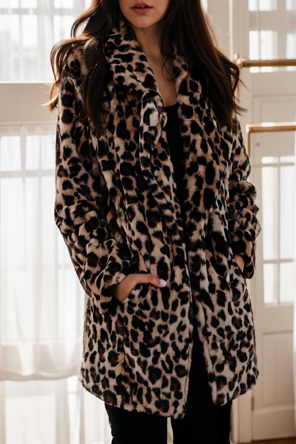 lapel leopard print faux fur long sleeve midi coat 122815