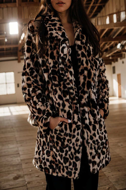 lapel leopard print faux fur long sleeve midi coat 123062