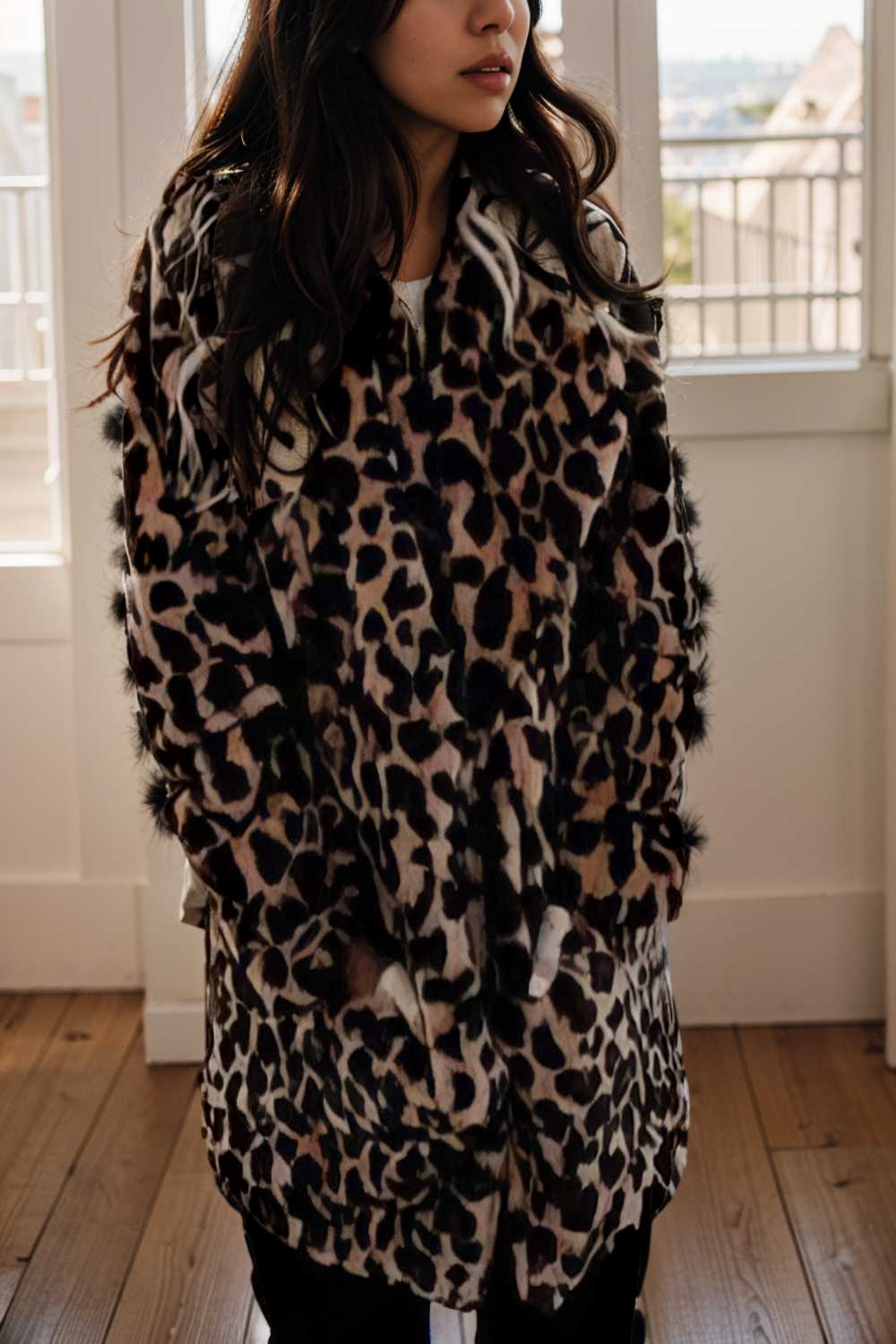 lapel leopard print faux fur long sleeve midi coat 122813