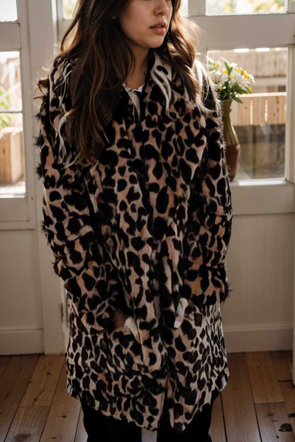 lapel leopard print faux fur long sleeve midi coat 109928