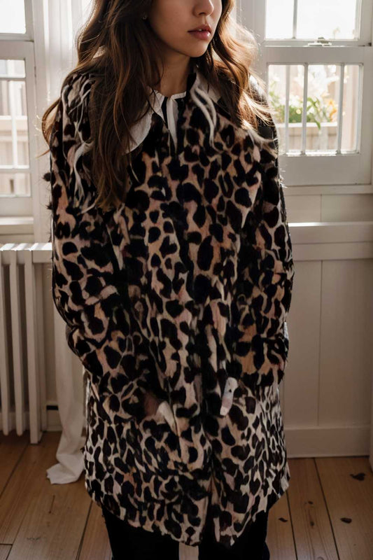 lapel leopard print faux fur long sleeve midi coat 112824