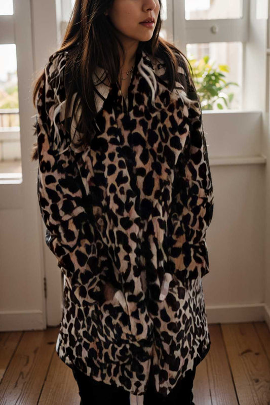 lapel leopard print faux fur long sleeve midi coat 110889
