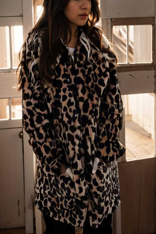 lapel leopard print faux fur long sleeve midi coat 106648