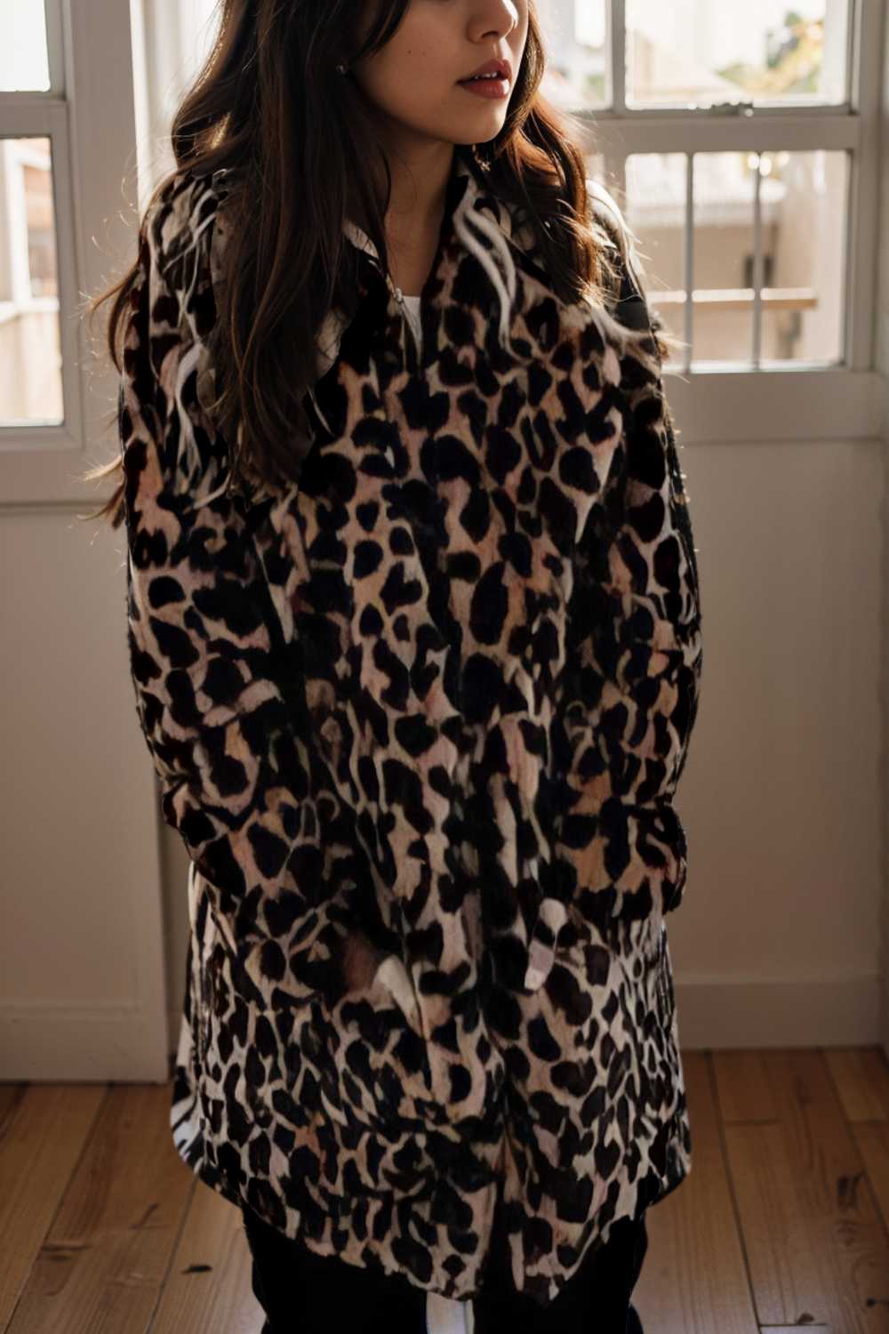 lapel leopard print faux fur long sleeve midi coat 122812