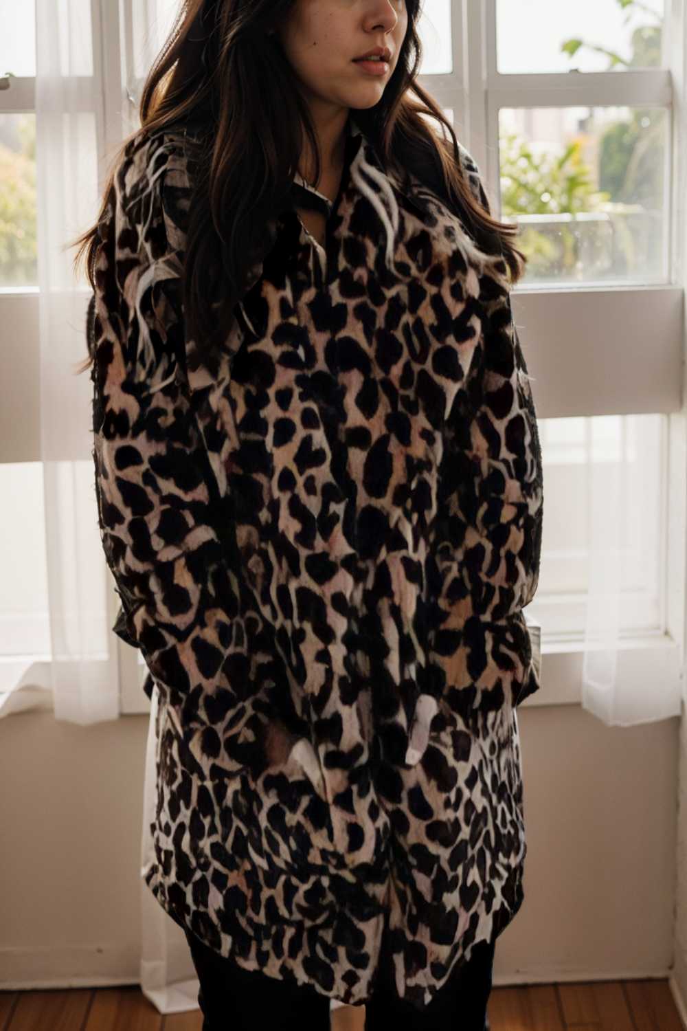 lapel leopard print faux fur long sleeve midi coat 109927