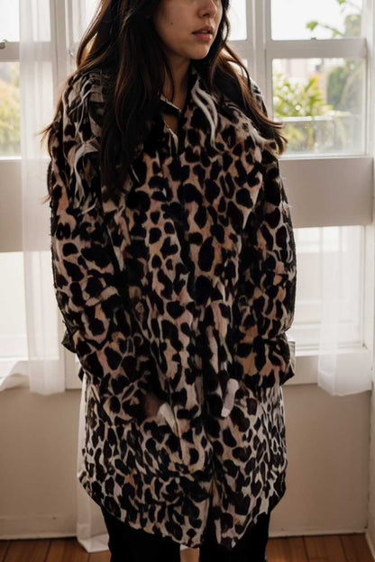 lapel leopard print faux fur long sleeve midi coat 109927