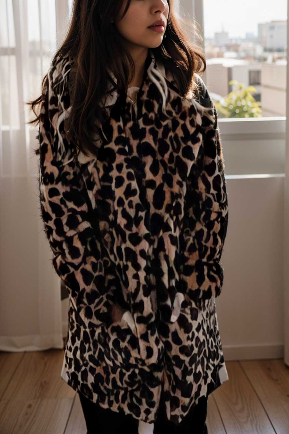 lapel leopard print faux fur long sleeve midi coat 122811