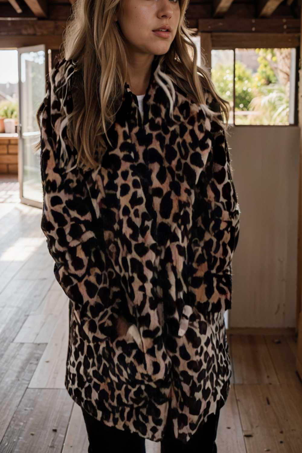 lapel leopard print faux fur long sleeve midi coat 109925