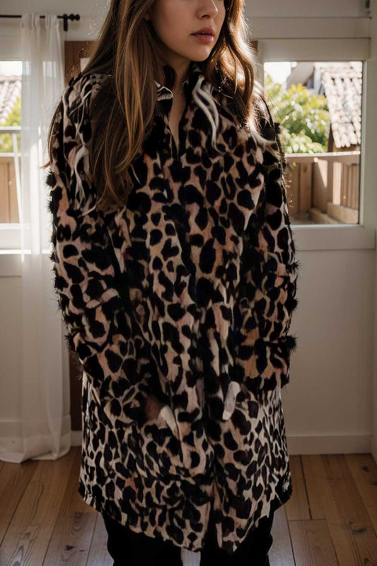 lapel leopard print faux fur long sleeve midi coat 109612