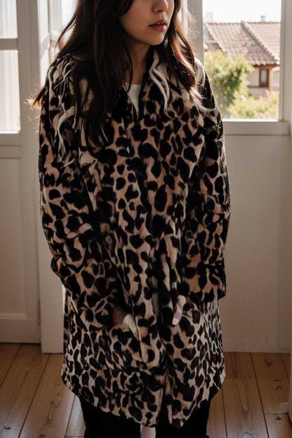 lapel leopard print faux fur long sleeve midi coat 122810