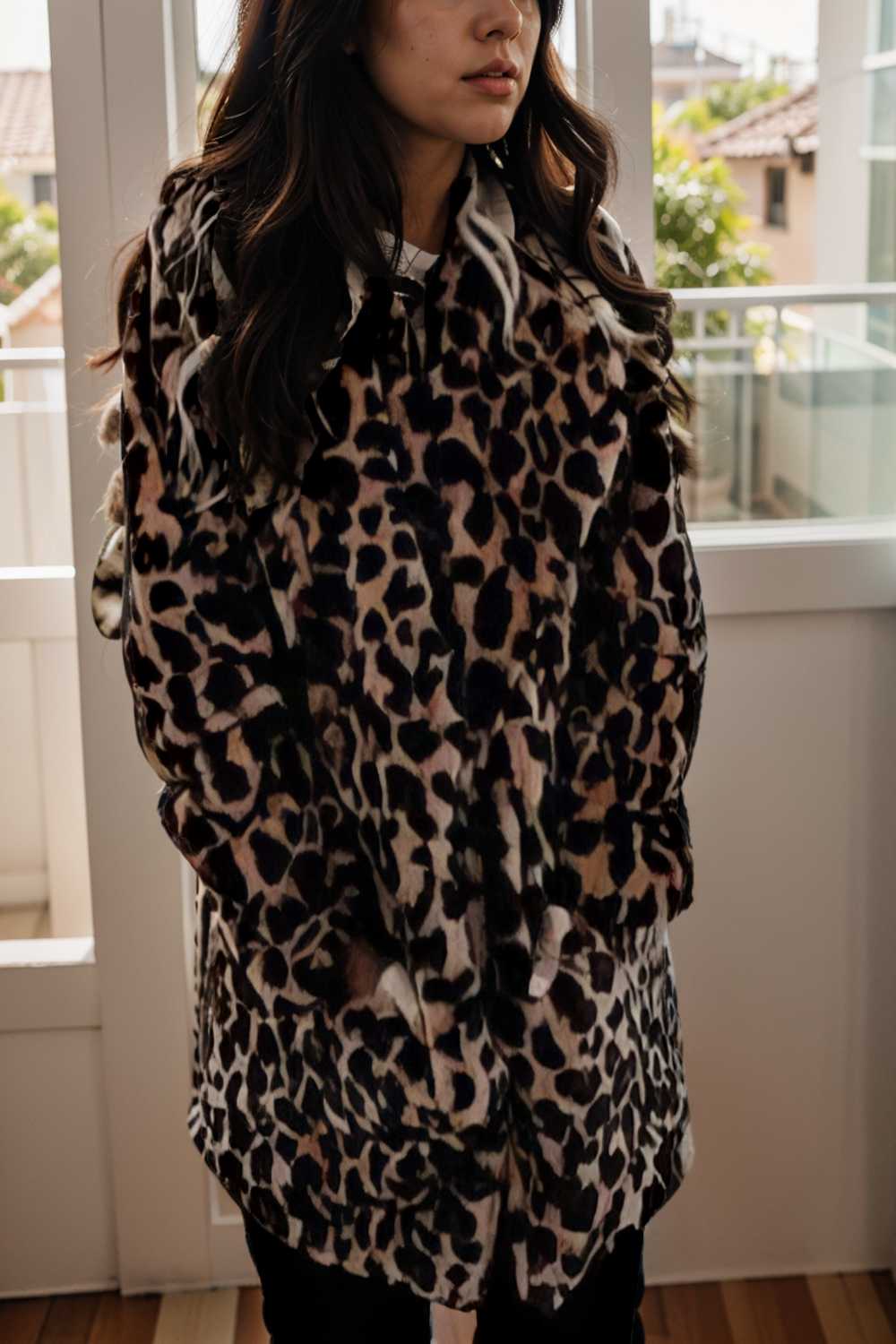 lapel leopard print faux fur long sleeve midi coat 109924