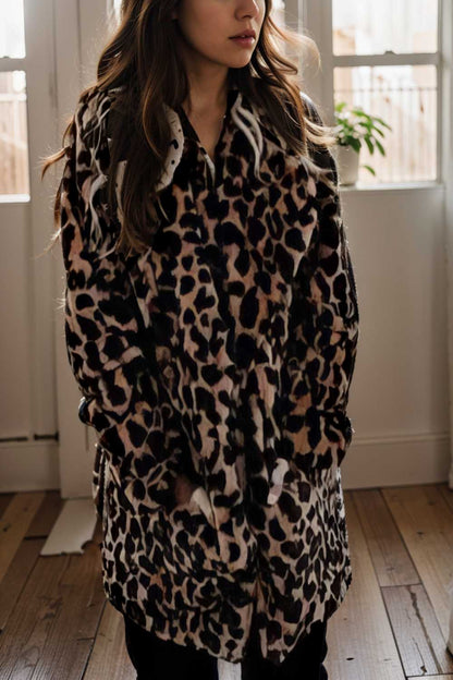 lapel leopard print faux fur long sleeve midi coat 122809