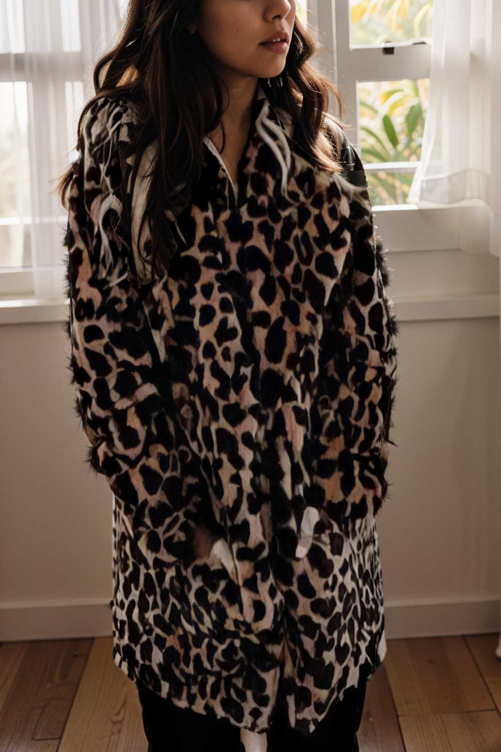 lapel leopard print faux fur long sleeve midi coat 122808