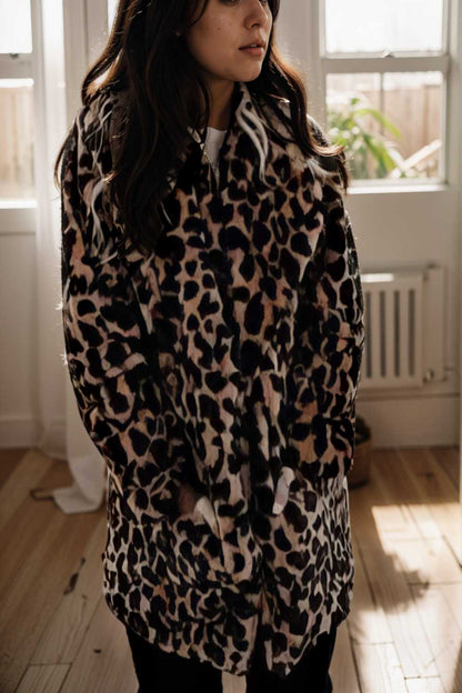 lapel leopard print faux fur long sleeve midi coat 109923