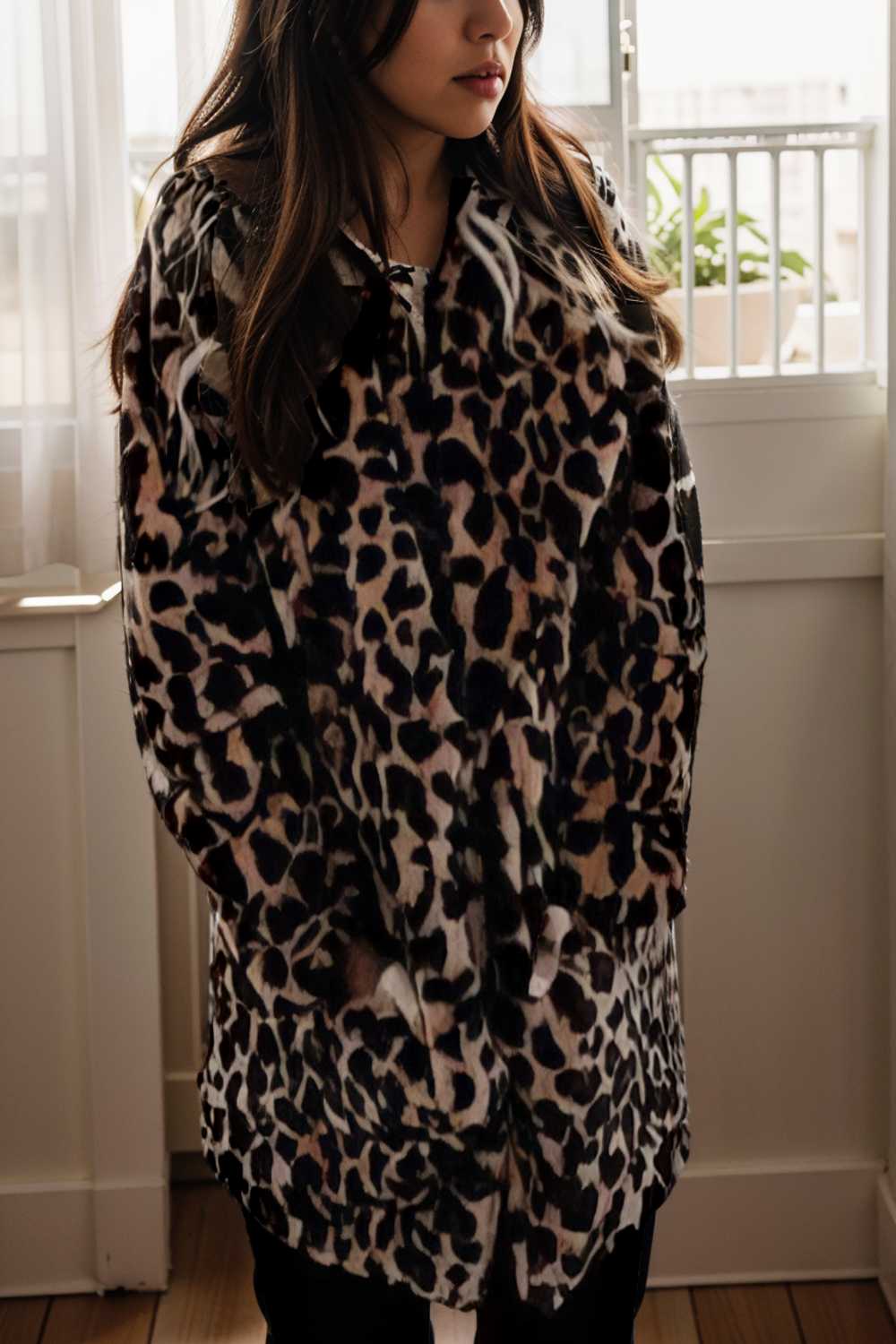 lapel leopard print faux fur long sleeve midi coat 122807