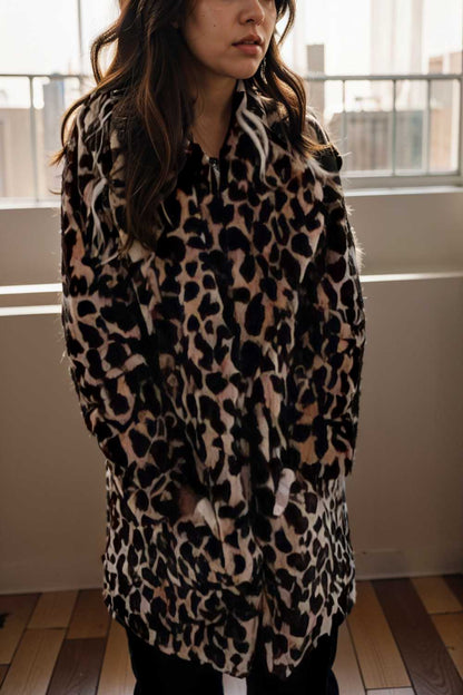 lapel leopard print faux fur long sleeve midi coat 109922