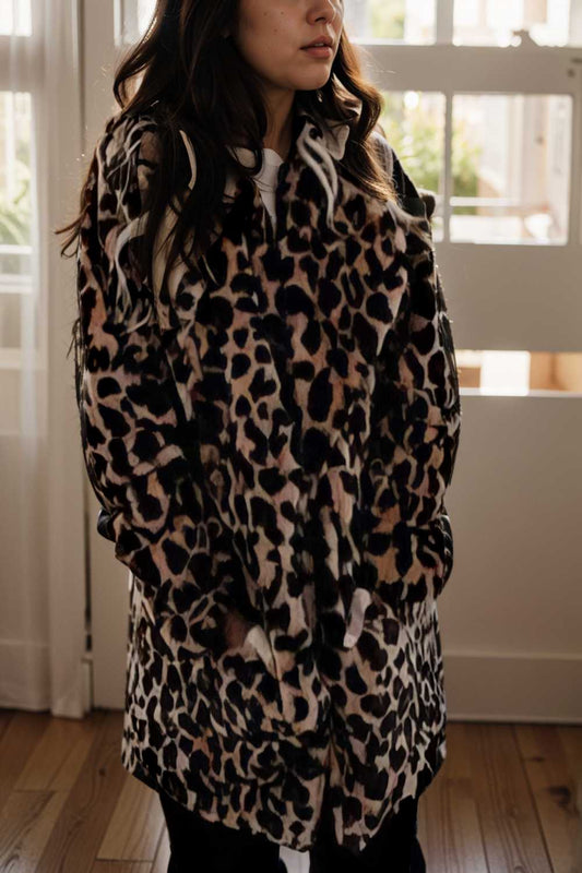lapel leopard print faux fur long sleeve midi coat 109921