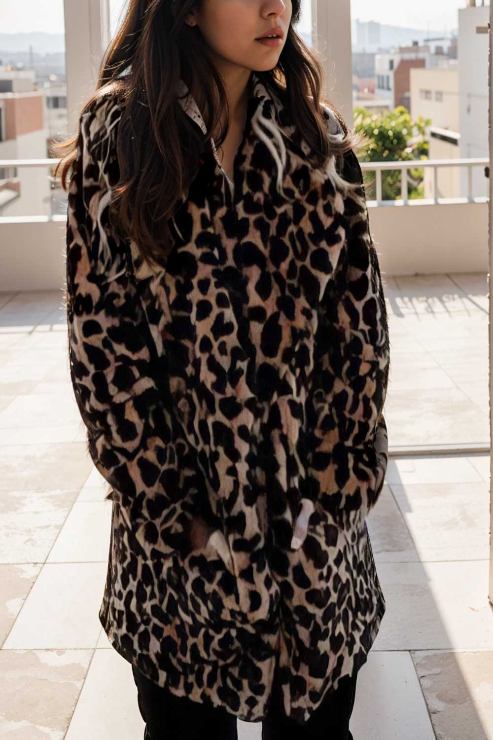 lapel leopard print faux fur long sleeve midi coat 122805