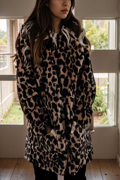 lapel leopard print faux fur long sleeve midi coat 122804