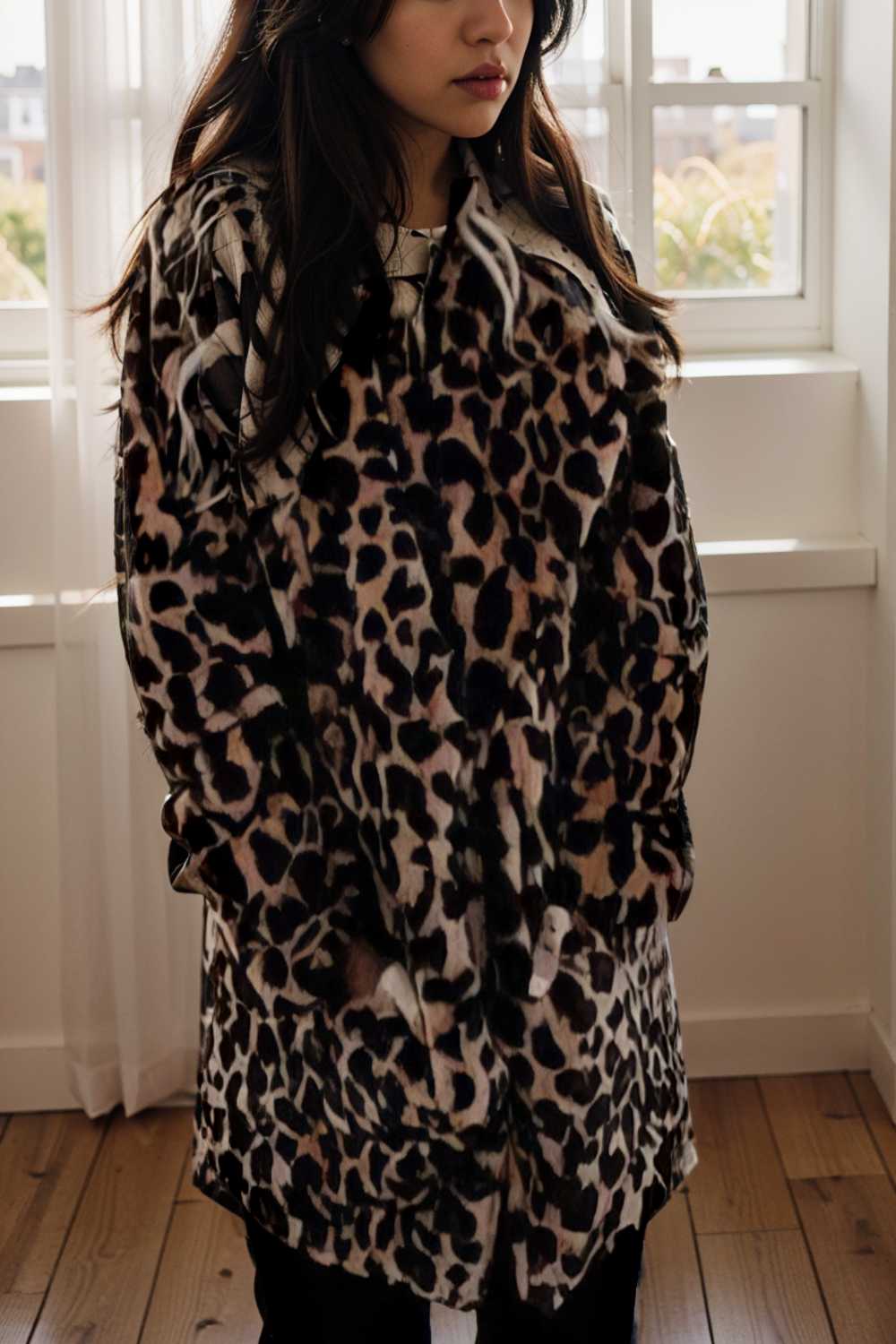 lapel leopard print faux fur long sleeve midi coat 122803