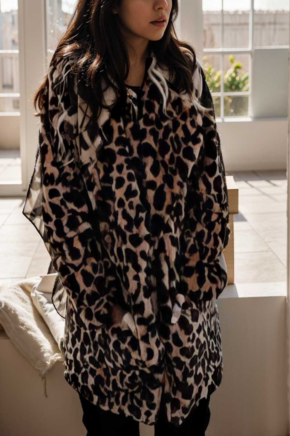 lapel leopard print faux fur long sleeve midi coat 122802