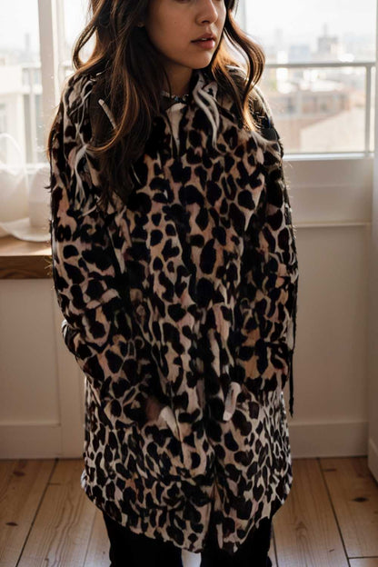 lapel leopard print faux fur long sleeve midi coat 122801