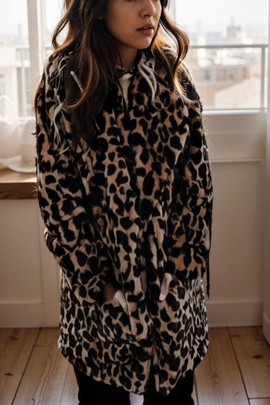 lapel leopard print faux fur long sleeve midi coat 122801