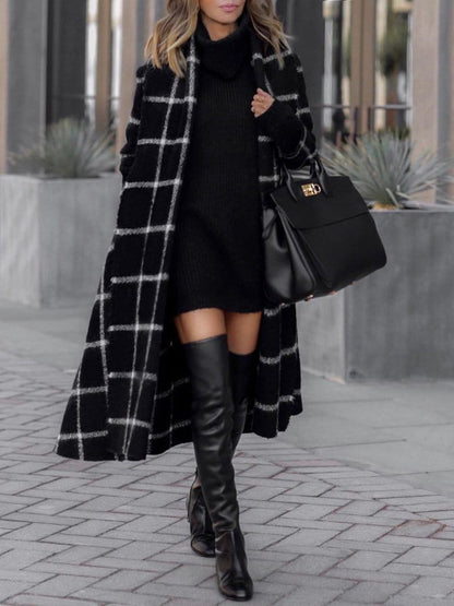 Lapel Pocket Belted Plaid Woolen Coat