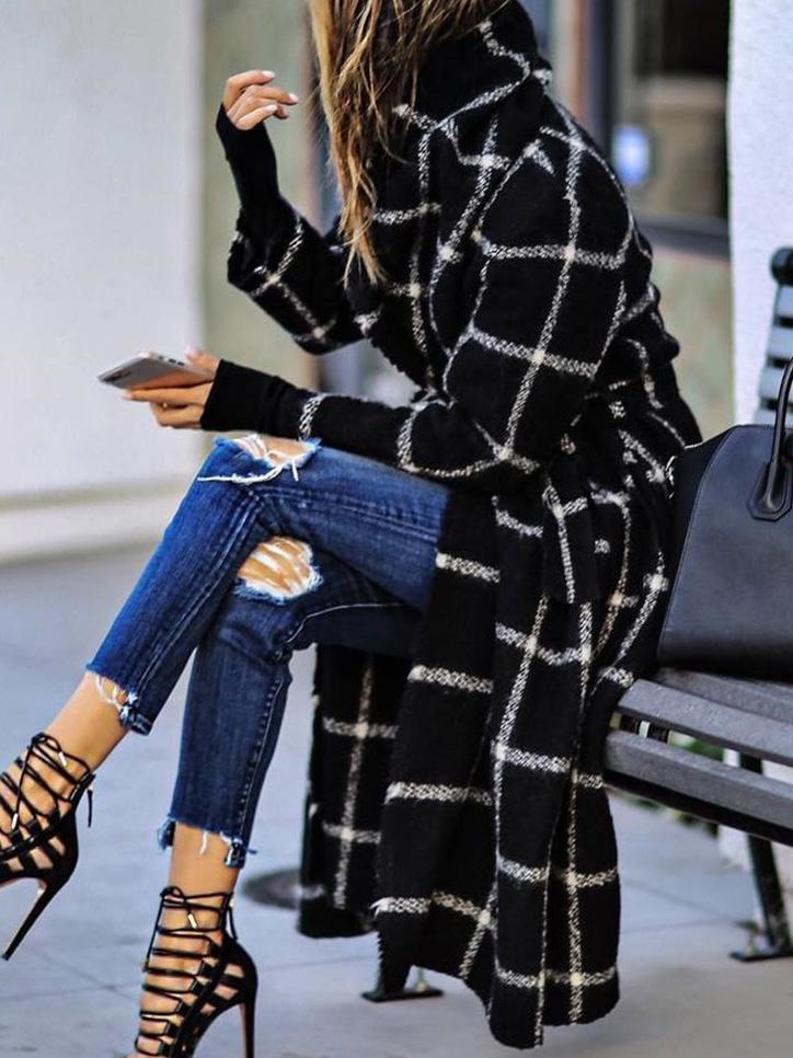 Lapel Pocket Belted Plaid Woolen Coat