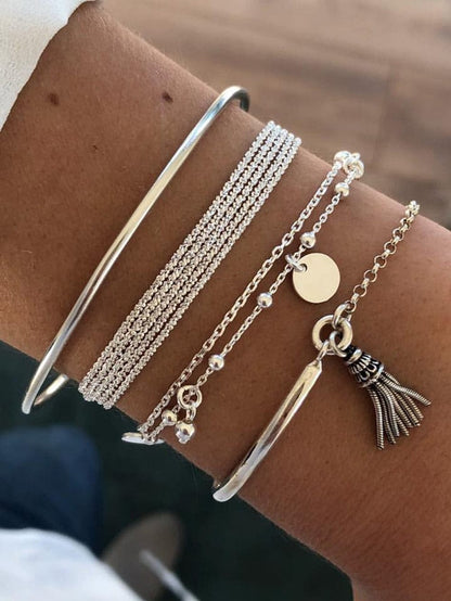 Layered Chain Fringe Tassel Charm Bracelet Set in Silver