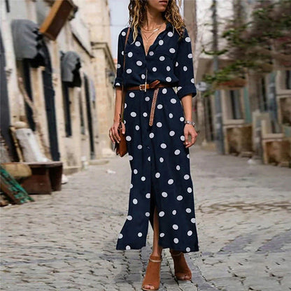 Women's Shirt Dress Maxi long Dress Winter Dress Daily Date Polyester Fashion Elegant Shirt Collar Print Long Sleeve Summer Spring Fall 2022 Regular Fit Black Army Green Red Polka Dot Round Dots S M