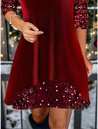 Women's Velvet Dress Sequin Dress Party Dress Velvet Sequins Patchwork Crew Neck Long Sleeve Mini Dress Christmas Wine Spring Winter