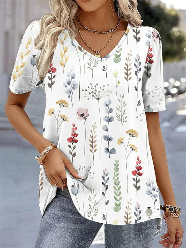 Women's T shirt Tee Floral Holiday Weekend Print White Short Sleeve Basic V Neck