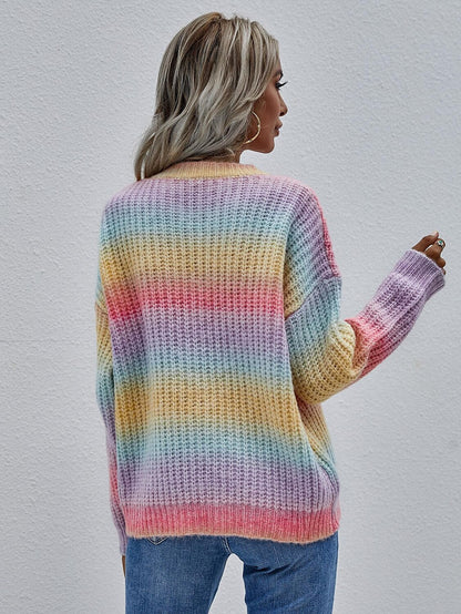 Women's Pullover Sweater Jumper Pullover Jumper Crew Neck Chunky Knit Nylon Acrylic Knitted Drop Shoulder Fall Winter Daily Holiday Going out Stylish Casual Long Sleeve Color Block Rainbow Purple